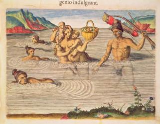 A Family Crossing a River, from 'Brevis Narratio..', engraved by Theodore de Bry (1528-98) published in Frankfurt, 1591 (coloured engraving) | Obraz na stenu