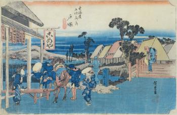 Totsuka: fork in the road of the old town, No.6 from the series 'Fifty-three Stations on the Tokaido', c.1834-35 (colour woodblock print) | Obraz na stenu