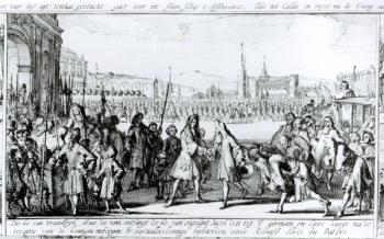 King Louis XIV (1638-1715) Receives James II (1633-1701) at Saint-Germain en-Laye (engraving) (b/w photo) | Obraz na stenu