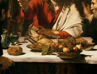 The Supper at Emmaus, 1601 (oil and tempera on canvas) (detail of 928) | Obraz na stenu