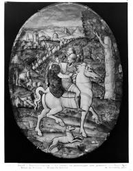 Hunting, portrait presumed to be Henri II (1519-59) and Diane de Poitiers (1499-1566) (enamel) (b/w photo) | Obraz na stenu