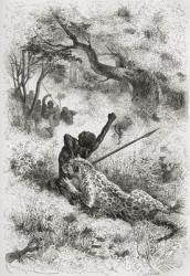 A leopard attacking an African, illustration from 'The World in the Hands', engraved by Henri Theophile Hildibrand (1824-97), published 1878 (engraving) | Obraz na stenu