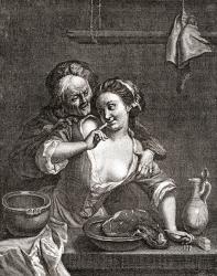Older man seducing a young woman, after an 18th century work by Jacob van Schuppen. From Illustrierte Sittengeschichte vom Mittelalter bis zur Gegenwart by Eduard Fuchs, published 1909. | Obraz na stenu