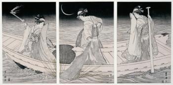 Three women on a boat fishing by lamplight (woodblock print) | Obraz na stenu