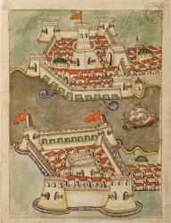 Ms. cicogna 1971, miniature from the 'Memorie Turchesche' depicting fortresses on the Bosphorus (pen & ink on paper) | Obraz na stenu