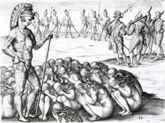 morbo sublati postulata a Rege, illustration taken from "Brevis narratio eorvm qvae in Florida Americae provicia Gallis acciderunt" 1591 (engraving) | Obraz na stenu