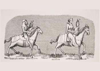 Lady setting out hawking, reproduction of a miniature in the 14th century manuscript 'Livre de Roy du Modus' by Henri de Ferrieres, from 'Le Moyen Age et La Renaissance' by Paul Lacroix (1806-84) published 1847 (litho) | Obraz na stenu