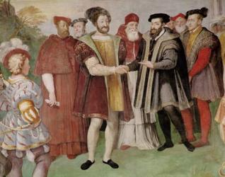 The Truce of Nice between Francis I (1494-1547) and Charles V (1500-58) from the 'Sala del Consiglio Trento' (fresco) (detail of 133346) | Obraz na stenu