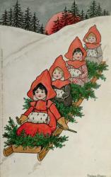 Four Little Girls on a Sledge (colour lithograph) | Obraz na stenu