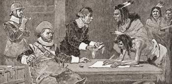 Peter Minuit buys Manhattan Island in 1626 from American Indian people, with trade goods worth around US$24. Peter Minuit, aka Pieter Minuit, Pierre Minuit or Peter Minnewit, c.1580/1585 -1638. Director of the Dutch colony of New Netherland from 1626 unti | Obraz na stenu