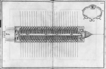 Building, equipping and launching of a galley, view from above of a galley, plate XXII (pencil & w/c on paper) (b/w photo) | Obraz na stenu