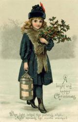 Young girl with Holly and Lantern, postcard, early 20th century (colour litho) | Obraz na stenu