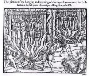 The Picture of the Hanging and Burning of Diverse Persons Counted for Lollards, in the First Year of the Reign of King Henry V, from 'Acts and Monuments' by John Foxe (1516-87), 1563 (woodcut) (b&w photo) | Obraz na stenu