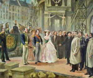 Baron Georges-Eugene Haussmann (1809-91) Napoleon III (1808-73) and Empress Eugenie (1826-1920) Visiting the Workers at the Opera (oil on canvas) | Obraz na stenu
