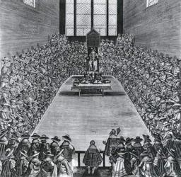 King James I (1566-1625) in the Houses of Parliament, 1624 (engraving) (b/w photo) | Obraz na stenu