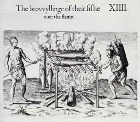 Cooking Fish, plate from 'A Brief and True Report of the New Found Land of Virginia' by Thomas Harriot (1560-1621) pub. 1590 (engraving) (b&w photo) | Obraz na stenu