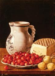 Still Life with cherries, cheese and greengages (oil on canvas) | Obraz na stenu