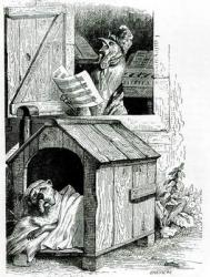 Dog sleeping and cockerel singing, from J. Thomson's 'Public and Private Life of Animals' (litho) (b/w photo) | Obraz na stenu