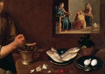 Kitchen Scene with Christ in the House of Martha and Mary (detail of Food on the Table with Christ, Martha and Mary in the background, see 99423), c.1618 (oil on canvas) | Obraz na stenu