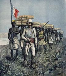 Lieutenant Mizon (1853-99) on his 1892 Mission of Exploration of the River Benue Area in Nigeria, from 'Le Petit Journal', July 1892 (coloured engraving) | Obraz na stenu