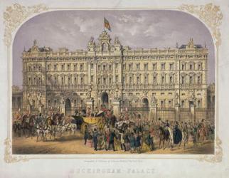 View of Buckingham Palace with a Crowd Outside Applauding Queen Victoria (1819-1901) and Prince Albert (1819-61) as they Ride Out in a Carriage, c.1855 (colour litho) | Obraz na stenu