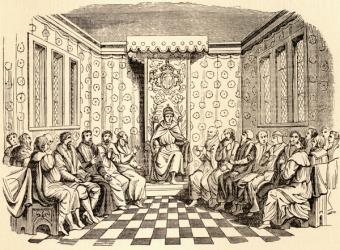 King Edward VI of England and his Council, after a woodcut on the title page of The Statues of 1551, from 'History of Hampton Court Palace in Tudor Times' by Ernest Law, published London 1885 (litho) | Obraz na stenu