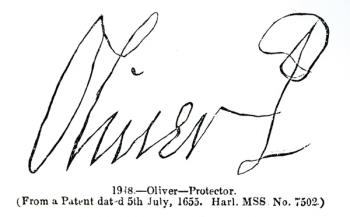 Signature of Oliver Cromwell (1599-1658) Lord Protector, from a patent manuscript (Harl.MSS No.7502) dated 5 July 1655 (litho) (b/w photo) | Obraz na stenu