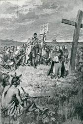 Jacques Cartier (1491-1557) Setting up a Cross at Gaspe, illustration from 'The French Voyageurs' by Thomas Wentworth Higginson, pub. in Harper's Magazine, 1883 (litho) | Obraz na stenu