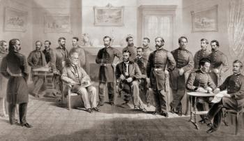 General Ulysses S. Grant (seated centre right) and General Robert E. Lee (seated centre left) with their respective staff at the Appomattox Courthouse, Virginia where General Lee surrendered the Army of North Virginia and thus ended the American Civil War | Obraz na stenu