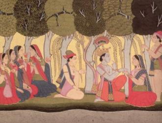 Radha and Krishna seated in a grove, Kulu, 1790-1800 (gouache on paper) | Obraz na stenu