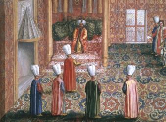 Jan Gninski's Diplomatic Mission to Istanbul, Audience of the Polish Envoy with the Sultan Machmed, 1679 (gouache with gold leaf on paper) | Obraz na stenu