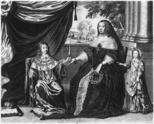 Anne of Austria, Queen of France and Navarre, and her sons, Dauphin Louis of France, future Louis XIV, and Philippe I, Duke of Orleans, 1643 (engraving) | Obraz na stenu