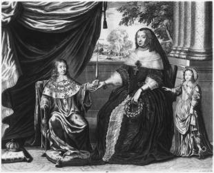 Anne of Austria, Queen of France and Navarre, and her sons, Dauphin Louis of France, future Louis XIV, and Philippe I, Duke of Orleans, 1643 (engraving) | Obraz na stenu