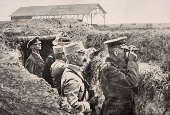 Lord Kitchener with binoculars with General Joffre in trench on Western Front, August 1915, from 'The War Illustrated Album deLuxe', published in London, 1916 (litho) | Obraz na stenu