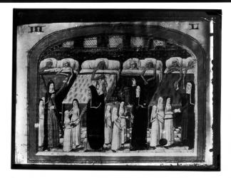 Nuns tending the sick at the Hotel Dieu, Paris, from 'Le Livre de Vie Active de l'Hotel Dieu', c.1482 (vellum) (b/w photo) (see also 163523) | Obraz na stenu