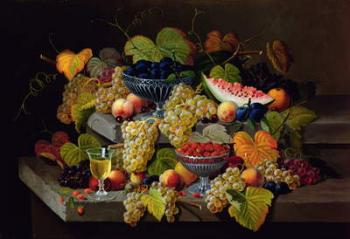 Still Life of Melon, Plums, Grapes, Peaches, Cherries, Strawberries etc on Stone Ledges | Obraz na stenu