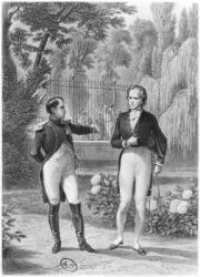 Meeting Between Napoleon I (1769-1821) and Benjamin Constant de Rebecque (1767-1830) from 'Memoires d'Outre-Tombe' by Francois Rene (1768-1848) Viscount of Chateaubriand, engraved by Jean Charles Pardinel (1808-71) (engraving) (b/w photo) | Obraz na stenu