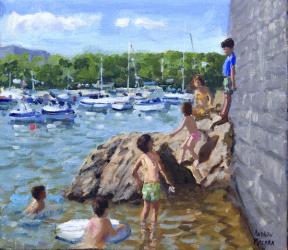 climbing rocks,Tenby Harbour, 2016,(oil on canvas) | Obraz na stenu