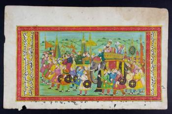 A dignitary rides on the back of an elephant in a howdah attended by a mahout or elephant driver, Rajasthani miniature painting (w/c on paper) | Obraz na stenu