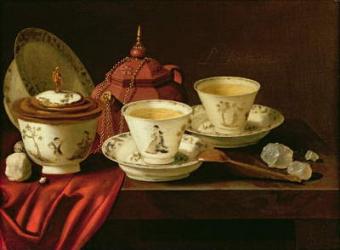 A Yixing Teapot and a Chinese Porcelain Tete-a-Tete on a Partly Draped Ledge (oil on canvas) | Obraz na stenu