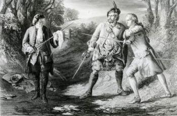 Rob Roy Parting Duellists Rashleigh and Francis Osbaldistone, engraved by John Le Conte (fl.1850-86) 1867 (engraving) (b&w photo) | Obraz na stenu