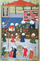 FY 1404 Takyuddin and other astronomers at the Galata observatory founded in 1557 by Sultan Suleyman, from the Sehinsahname of Murad III, c.1581 (vellum) | Obraz na stenu