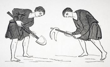Serfs Labouring in the Fields with a Hoe and Spade, after a miniature in a 12th century manuscript, from 'Le Moyen Age et La Renaissance' by Paul Lacroix (1806-84) published 1847 (litho) | Obraz na stenu