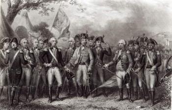The British Surrendering their Arms to General Washington, 19th October 1781, engraved by J. Stephenson (engraving) (b&w photo) | Obraz na stenu
