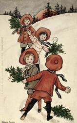 Children with Holly Throwing Snowballs (colour litho) | Obraz na stenu