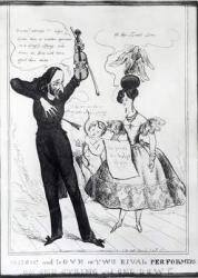 'Music and Love or Two Rival Performers on one String and one Bow', caricature of Hector Berlioz (1803-69) and Harriet Smithson (1800-54) (engraving) (b/w photo) | Obraz na stenu