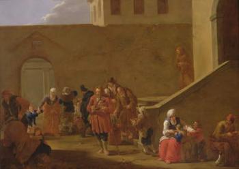 Street scene with monks distributing food to the poor (oil on silvered copper) | Obraz na stenu