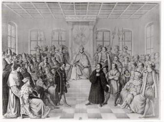 Martin Luther in front of Charles V (1500-58) at the Diet of Worms, 16th April 1521, from 'History of Germany' (engraving) (b/w photo) | Obraz na stenu