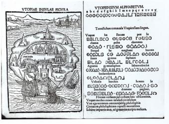 Map of the Island of Utopia and its Alphabet (engraving) (b/w photo) | Obraz na stenu