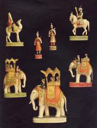 Pieces from an ivory chess set made in Delhi for Begum Samru in c.1790 (colour litho) | Obraz na stenu